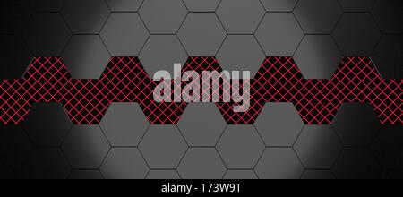 3d illustrazione di esagoni moderno con sfondo rosso telaio cablata Foto Stock