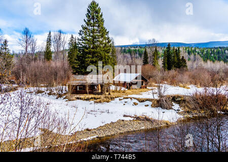 Vecchie baite lungo la neve e ghiaccio rivestito insenature in inverno tempo Grey Parco provinciale nel Cariboo montagne della British Columbia, Canada Foto Stock