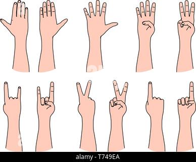 Contare numeri dalla linea tecnica dita umane e la mano gesti di vittoria e la musica rock Illustrazione Vettoriale