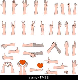 Enorme collezione di mano umana gesti nel delineare in linea piana di stile arte per la comunicazione tra le persone Illustrazione Vettoriale