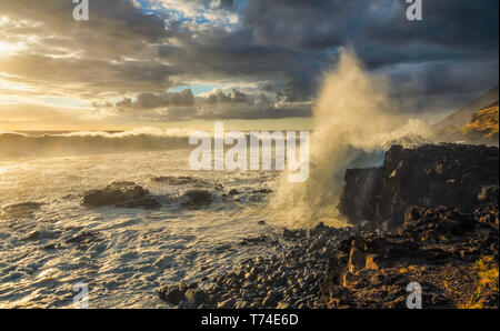 Onde che si infrangono contro la costa al tramonto lungo la costa occidentale di Oahu; Oahu, Hawaii, Stati Uniti d'America Foto Stock