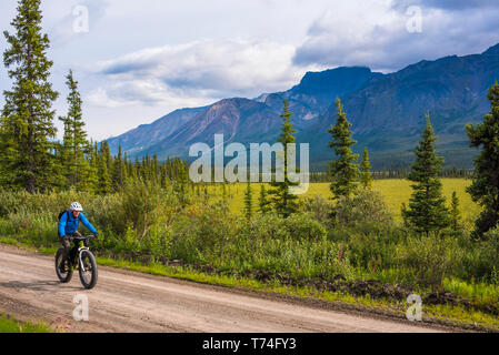 Un uomo grasso in bicicletta sulla strada Nabesna in Wrangell-St. Elias National Park e conservare in un nebbioso giorno di estate nel centro-sud della Alaska Foto Stock