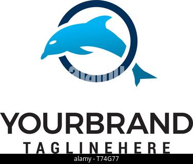 Dolphin jumping circle logo design concept vettore modello Illustrazione Vettoriale
