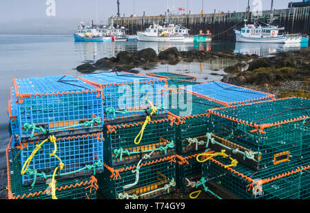 Aragosta impilati trappole lungo il litorale con barche legato ad una banchina in background per la Baia di Fundy; Tiverton, Long Island, Nova Scotia, Canada Foto Stock