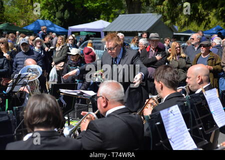 Cavendish brass band a suonare all'annuale Fiera cucù lungo il borgo nel South Wiltshire borgo del centro cittadino nei pressi di Salisbury, Regno Unito, 4 maggio 2019. Foto Stock