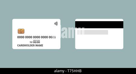 Banca di credito di plastica di debito o di smart card di carica i lati anteriore e posteriore con il chip EMV e striscia magnetica. Blank template design mockup. Vecto Illustrazione Vettoriale