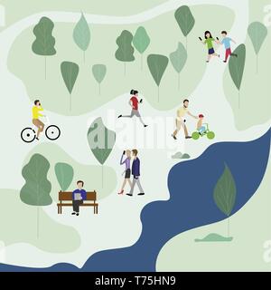 La gente nel parco verde utilizza lo smartphone. Il vettore in bicicletta e correre, camminare giovane all'aperto, persone messaggio di comunicazione illustrazione Illustrazione Vettoriale