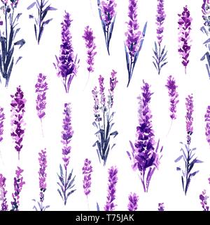 Campo di lavanda Seamless Pattern. Acquerello o Aquarelle dipinti della Provenza Lavandula. Disegnato a mano le erbe tè fiore. Estate fiore e/o il fogliame della pianta di giardino in Aquarelle. La natura e il profumo. Illustrazione Vettoriale