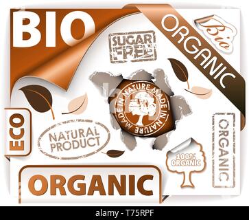 Set di bio, eco, elementi organici - le etichette, adesivi, timbri, nastri Illustrazione Vettoriale