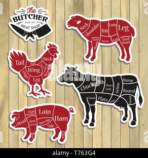 Tagli di carne. Diagrammi per il Butcher Shop. Illustrazione Vettoriale Illustrazione Vettoriale