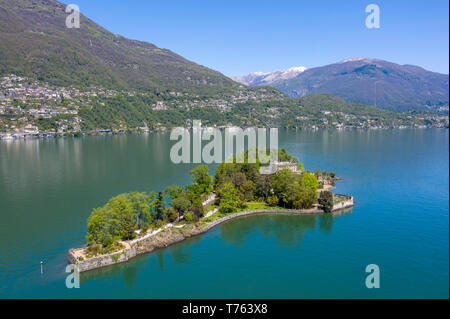 Vista aerea delle Isole di Brissago vicino ad Ascona, sulla parte settentrionale del Lago Maggiore. Il cantone Ticino, Svizzera. Foto Stock