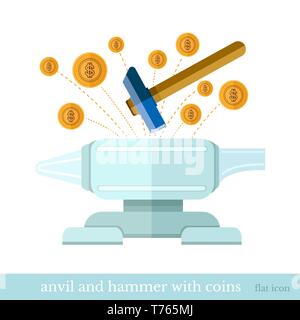 Design piatto i concetti di vettore icona della finanza ed economia martello ha un envil coin e tagliati Illustrazione Vettoriale