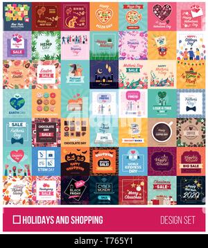 Raccolta di international holidays, celebrazioni, vendita e negozi design: social media post, schede di marketing e pubblicità Illustrazione Vettoriale