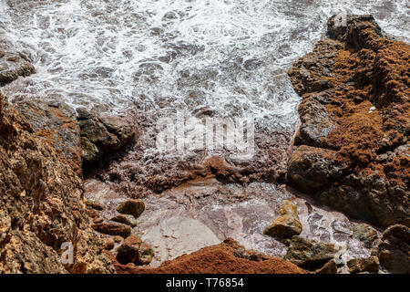Onde si infrangono in una costa rocciosa a Grand Fond, St Barts Foto Stock