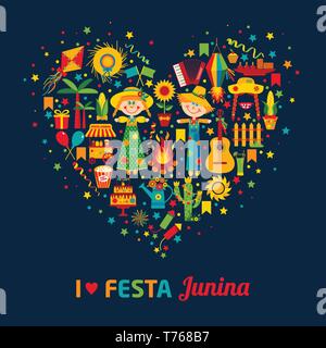 Festa Junina village festival in America Latina. Set di icone in colori luminosi. Piatto decorazione di stile. Io amo la festa junina. Cuore di colore icona set. Illustrazione Vettoriale