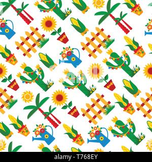 Modello senza giunture di festa Junina village festival in America Latina. Set di icone in colori luminosi. Piatto decorazione di stile. Illustrazione Vettoriale