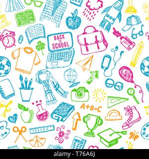 Modello senza giunture di scuola. Si torna a scuola illustrazione. Schizzo set. Illustrazione Vettoriale