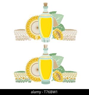 Colore etichetta di incisione per i prodotti alimentari o cosmetici isolato su bianco. Bottiglia in vetro di olio di semi di girasole con il campo e fiore Illustrazione Vettoriale