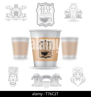 Tre simulazioni realistiche di caffè o di tè una tazza di plastica e set di silhouette di etichette su sfondo bianco. Illustrazione Vettoriale Illustrazione Vettoriale