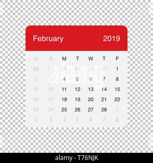 Calendario Febbraio 2019 Pulire il tavolo minimale semplice design. Griglia di base con sfondo grigio chiaro. La settimana inizia il lunedì. Illustrazione Vettoriale
