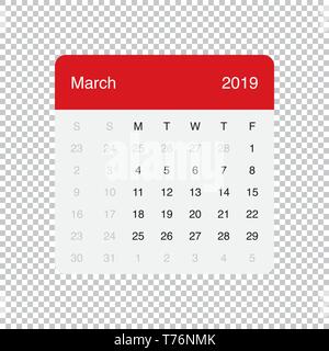 Calendario Marzo 2019 Pulire il tavolo minimale semplice design. Griglia di base con sfondo grigio chiaro. La settimana inizia il lunedì. Illustrazione Vettoriale