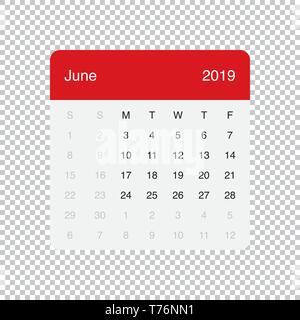 Calendario Giugno 2019 Pulire il tavolo minimale semplice design. Griglia di base con sfondo grigio chiaro. La settimana inizia il lunedì. Illustrazione Vettoriale