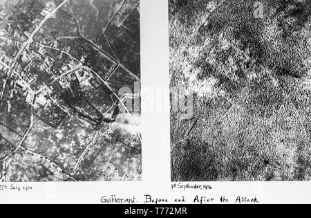 Two seperate in bianco e nero British fotografie aeree, adottata il 9 luglio 1916 e 1 settembre 1916, il villaggio di Guillemot nella Somme area del Nord della Francia. Le fotografie mostrano la distruzione completa della zona dopo i combattimenti durante la guerra. Foto Stock