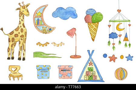 Illustrazione set con bambini elementi ad acquerello. Disegnato a mano. Foto Stock
