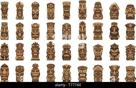 Tiki idoli set di icone. Serie di cartoni animati di tiki idoli icone vettoriali per il web design Illustrazione Vettoriale