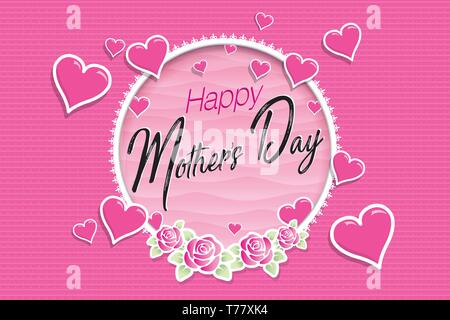 Felice Festa della Mamma biglietto di auguri. Messaggio all'interno di un bianco telaio circolare ornata con rose dove magenta cuori escono su di una rosa colore rosa. Immagine vettoriale Illustrazione Vettoriale