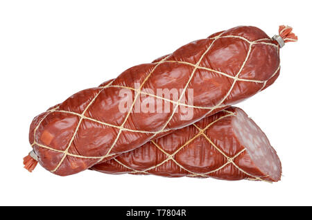 Salsiccia affumicata stick isolato su sfondo bianco Foto Stock