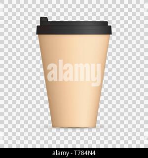 Tappo di caffè con coperchio nero mock up. Boccale vuoto modello con spazio per il logo o testo. Illustrazione di vettore isolato su sfondo trasparente Illustrazione Vettoriale