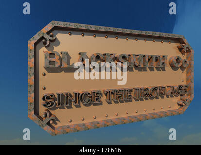 Opere in ferro azienda competitiva segno di progettazione 3D'illustrazione. Fabbro business company logo, metallo arrugginito, vista prospettica. Collezione. Foto Stock