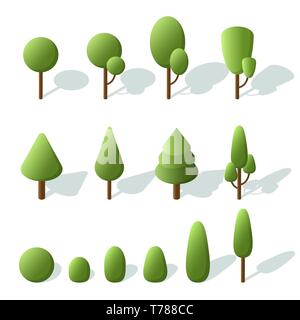 Impostare gli alberi isometrico. 3d alberi per la progettazione paesaggistica. Le icone per le mappe delle città, giochi. Illustrazione Vettoriale. Illustrazione Vettoriale