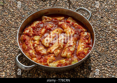 Involtini di cavolo farcito con riso e salsa di pomodoro Foto Stock