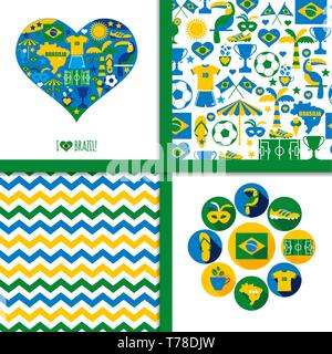 Brasile set di sfondo. Icone e seamless pattern. Illustrazione Vettoriale