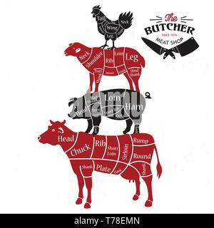 Tagli di carne. Diagrammi per il Butcher Shop. Illustrazione Vettoriale Illustrazione Vettoriale