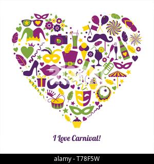 Il carnevale illustrazione vettoriale nel cuore. Io amo il carnevale! Illustrazione Vettoriale