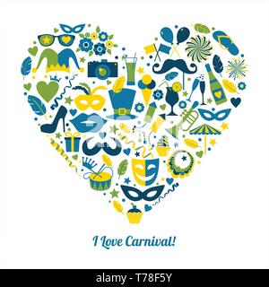 Il carnevale illustrazione vettoriale nel cuore. Io amo il carnevale! Illustrazione Vettoriale