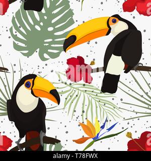 Tropical seamless pattern luminoso con uccello tropicale Toucan, giungla verde palm, monstera foglie e fiori di ibisco e strelcia fiori. Vettore Illustrazione Vettoriale