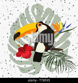 Illustrazione vettoriale di un uccello luminoso cartoon toucan su un foglie tropicali e fiori. Icona colorata di natura tropicale per zoo annuncio, riserva naturale, Illustrazione Vettoriale