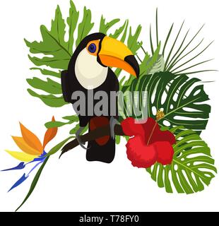 Illustrazione vettoriale di un uccello luminoso cartoon toucan su un foglie tropicali e fiori. Icona colorata di natura tropicale per zoo annuncio, riserva naturale, Illustrazione Vettoriale