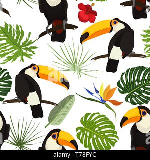 Tropical seamless pattern luminoso con uccello tropicale Toucan, giungla verde palm, monstera foglie e fiori di ibisco e strelcia fiori. Vettore d estate Illustrazione Vettoriale