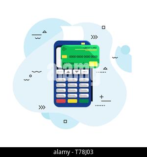 Illustrazione piana del terminale di pagamento e sulla carta di credito. Terminale POS. Accesso wireless, contactless. Appartamento illustrazione vettoriale Illustrazione Vettoriale