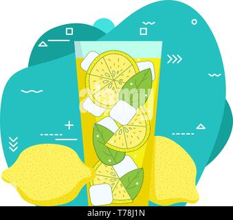 Bicchiere di limonata e cubetti di ghiaccio. Estate bevanda rinfrescante. Appartamento in stile fumetto illustrazione vettoriale Illustrazione Vettoriale