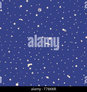 Spazio. Modello senza giunture. Disegno a mano. Disegnate a mano gli oggetti dello spazio: stelle comete, pianeti, spazio satelliti, meteore. Illustrazione Vettoriale