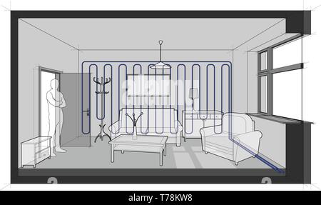 Schema di una camera singola arredata con divano e tavolo e sedie e armadi e lampada da soffitto e i panni di sospensione e il dipinto sulla parete raffreddata con Illustrazione Vettoriale