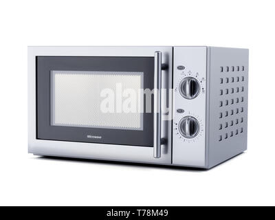In acciaio inox nuovo moderno forno a microonde isolati su sfondo bianco Foto Stock