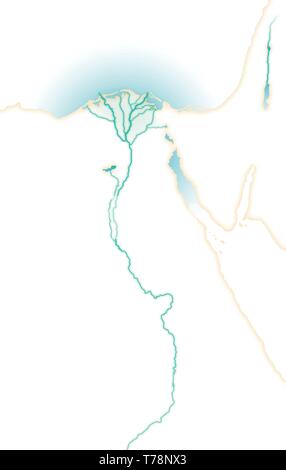 Profondo fertile affluente del fiume Nilo, mappa di Alto e Basso Egitto, del Nord Africa e Mediterraneo orientale. Illustrazione Vettoriale