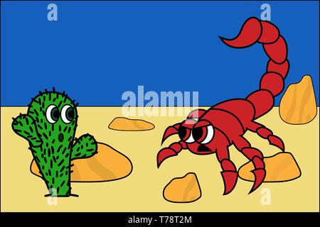 Carino il cactus e arrabbiato scorpion in dessert immagine. stock illustrazione vettoriale Illustrazione Vettoriale